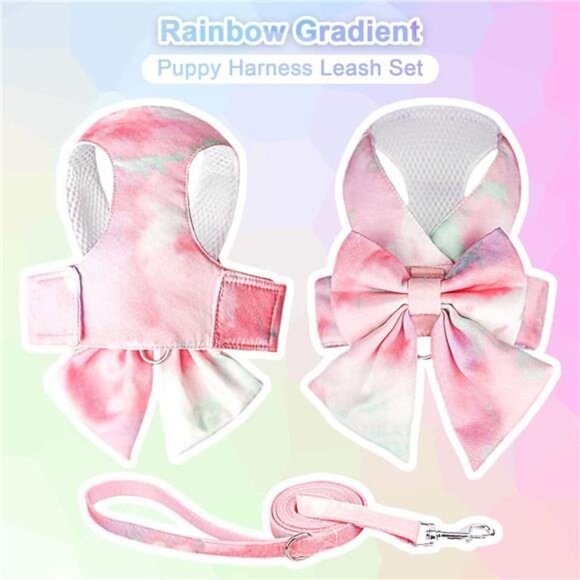 Cute Bow Tie Dog Harness and Leash Set Elegant Rainbow Gradient Puppy Harness - Picture 3 of 8